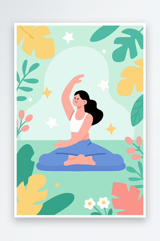 练瑜伽的女孩扁平插画-众图网