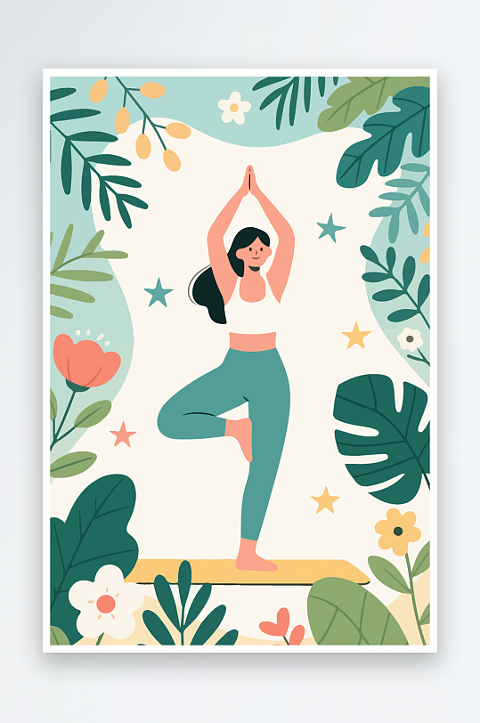 练瑜伽的女孩扁平插画-众图网
