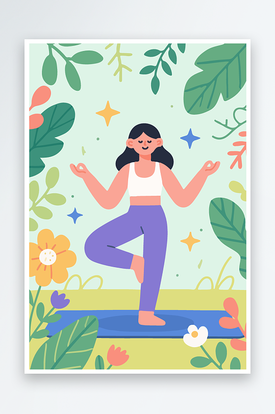 练瑜伽的女孩扁平插画-众图网
