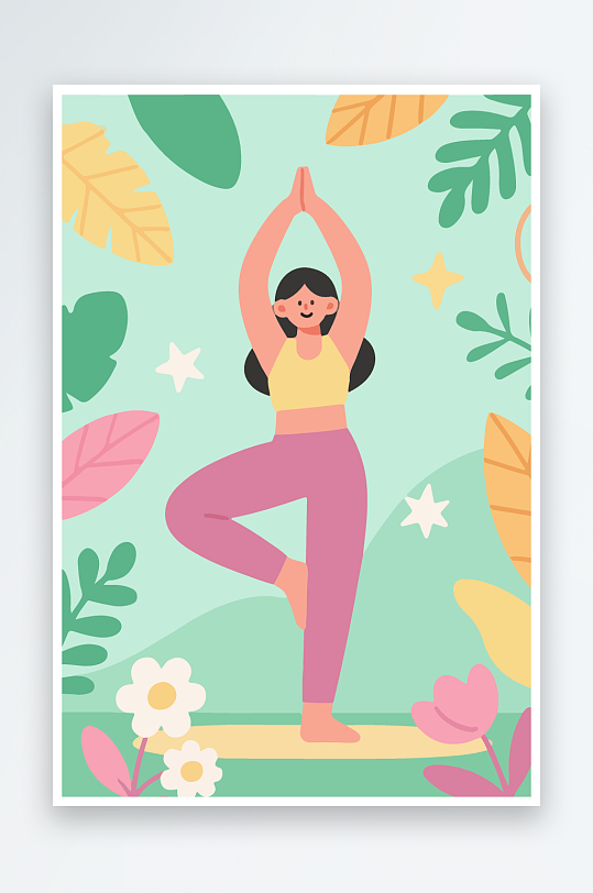 练瑜伽的女孩扁平插画-众图网