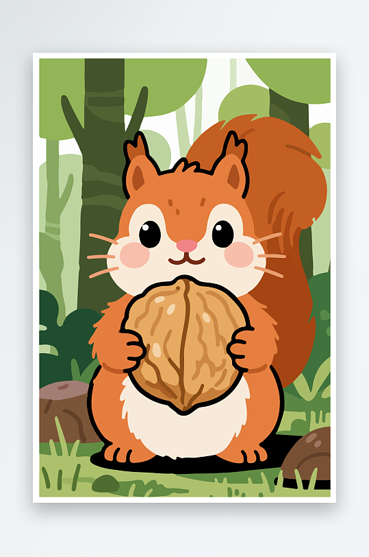 抱着核桃的卡通松鼠-众图网