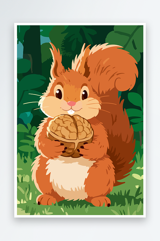 抱着核桃的卡通松鼠-众图网