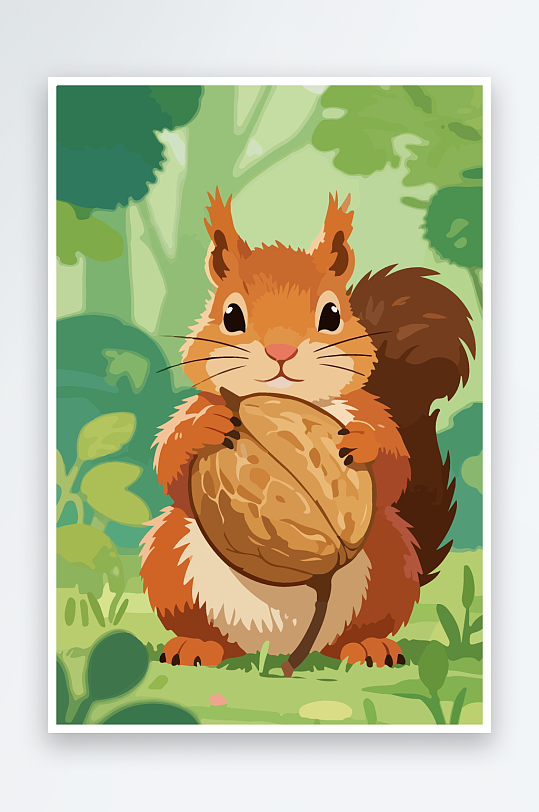 抱着核桃的卡通松鼠-众图网