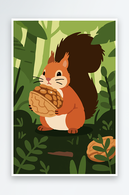 抱着核桃的卡通松鼠-众图网