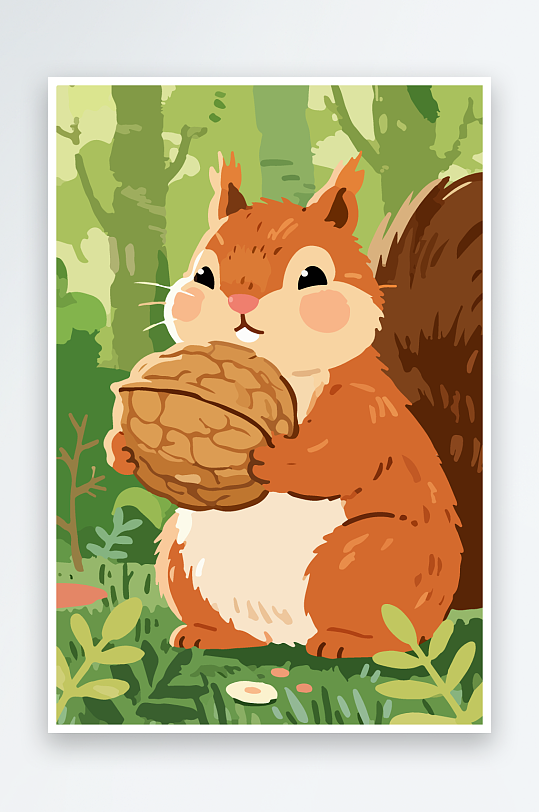 抱着核桃的卡通松鼠-众图网