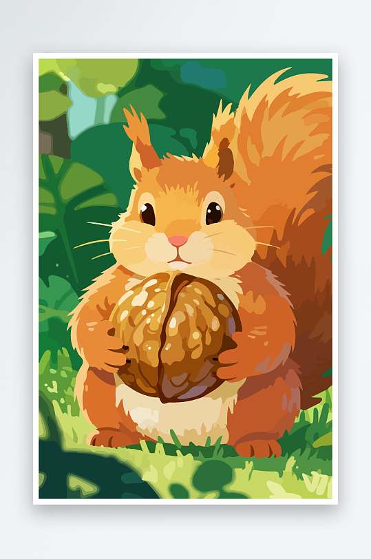 抱着核桃的卡通松鼠-众图网