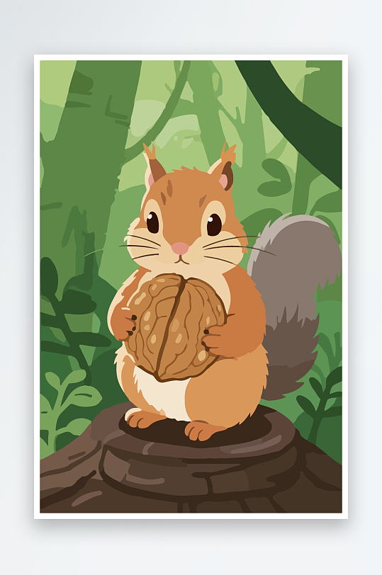 抱着核桃的卡通松鼠-众图网