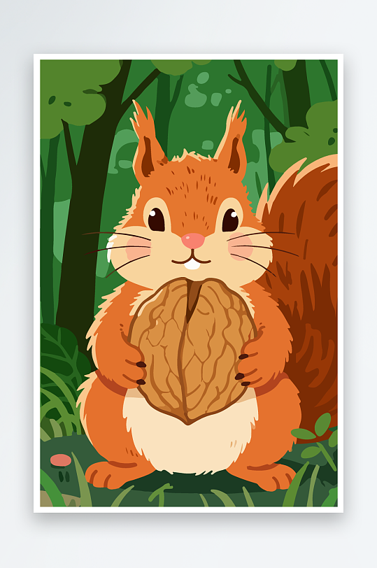 抱着核桃的卡通松鼠-众图网