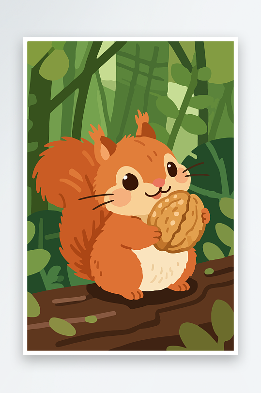 抱着核桃的卡通松鼠-众图网