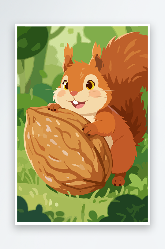 抱着核桃的卡通松鼠-众图网