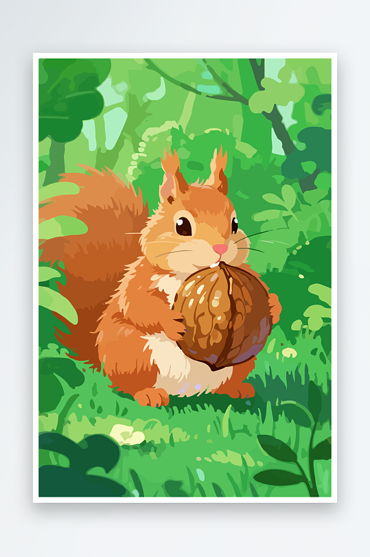 抱着核桃的卡通松鼠-众图网