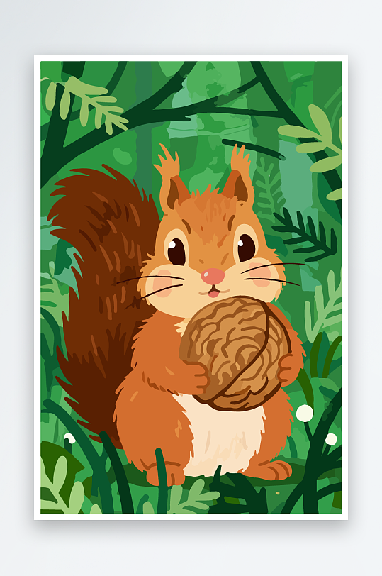 抱着核桃的卡通松鼠-众图网