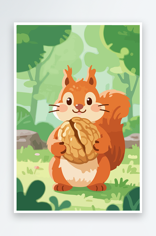 抱着核桃的卡通松鼠-众图网