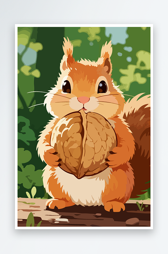 抱着核桃的卡通松鼠-众图网