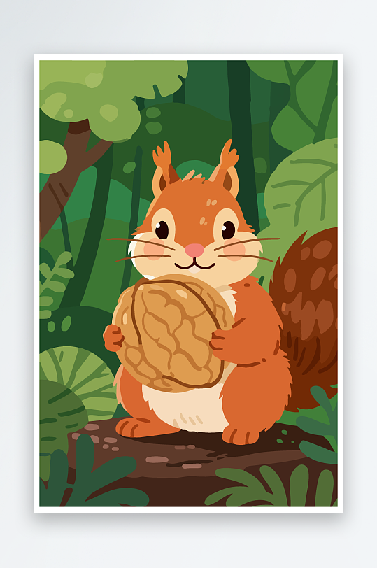 抱着核桃的卡通松鼠-众图网