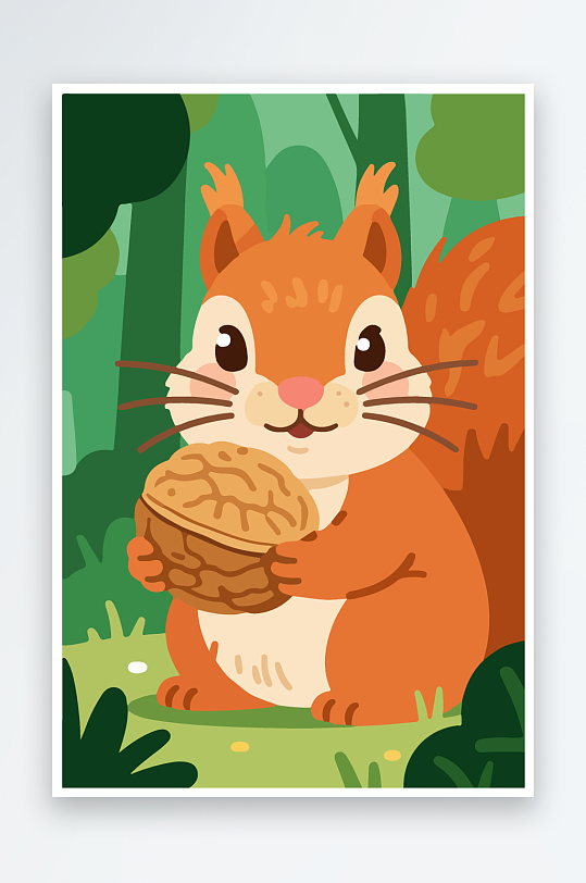 抱着核桃的卡通松鼠-众图网