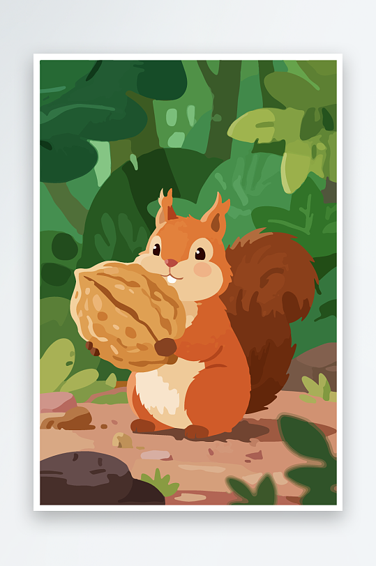 抱着核桃的卡通松鼠-众图网