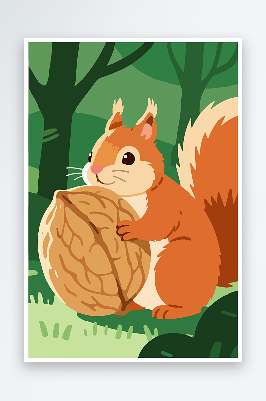 抱着核桃的卡通松鼠-众图网