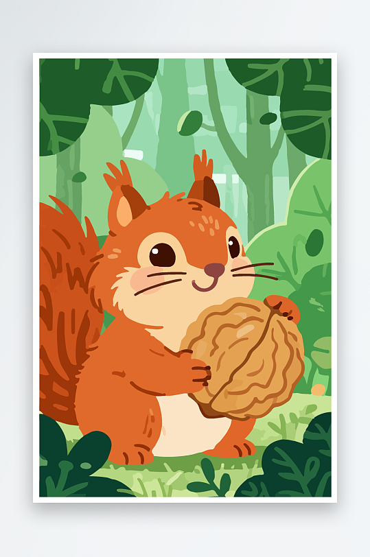 抱着核桃的卡通松鼠-众图网