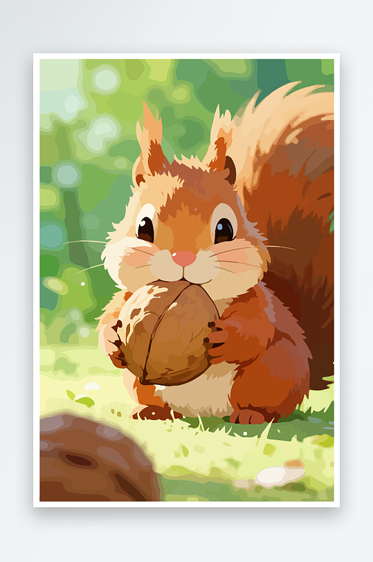 抱着核桃的卡通松鼠-众图网