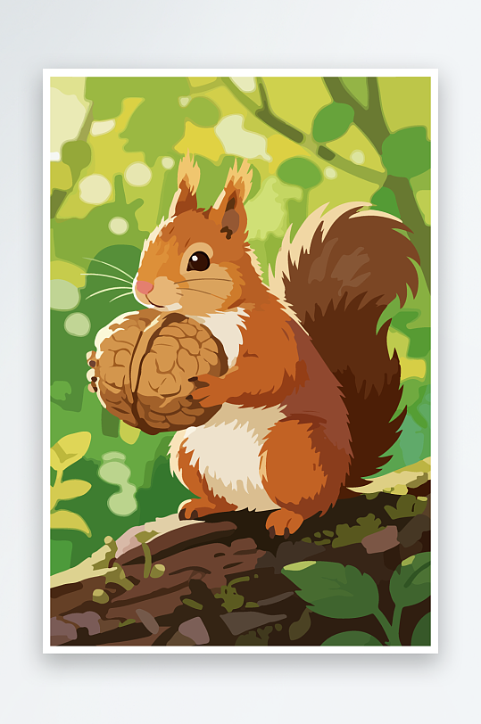 抱着核桃的卡通松鼠-众图网
