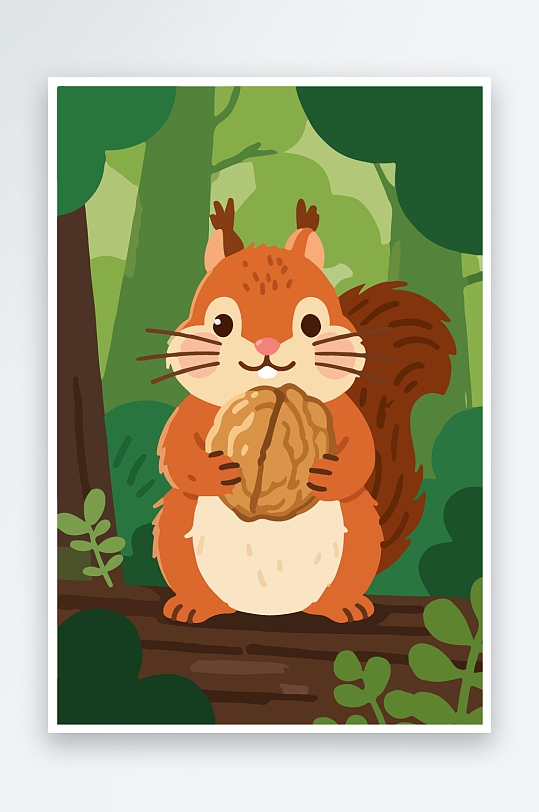 抱着核桃的卡通松鼠-众图网