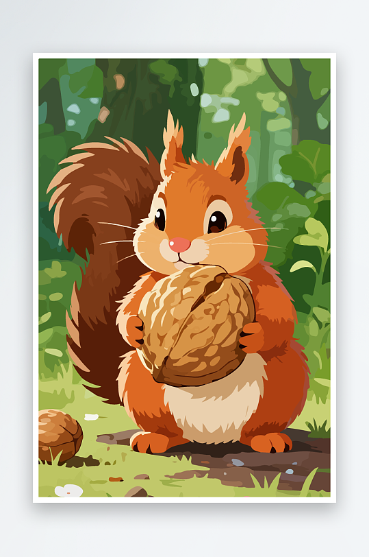 抱着核桃的卡通松鼠-众图网