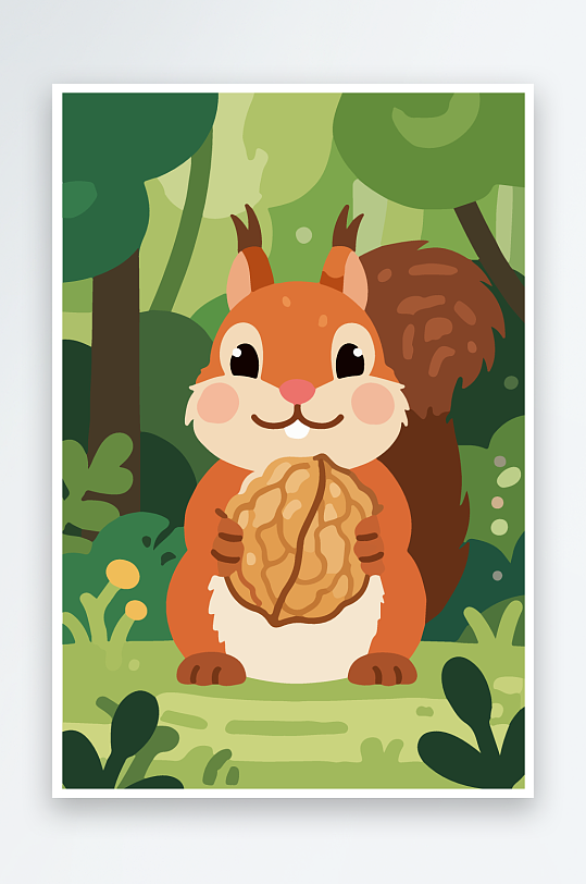 抱着核桃的卡通松鼠-众图网