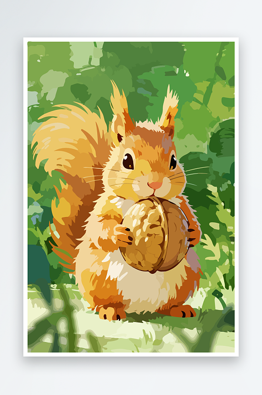 抱着核桃的卡通松鼠-众图网