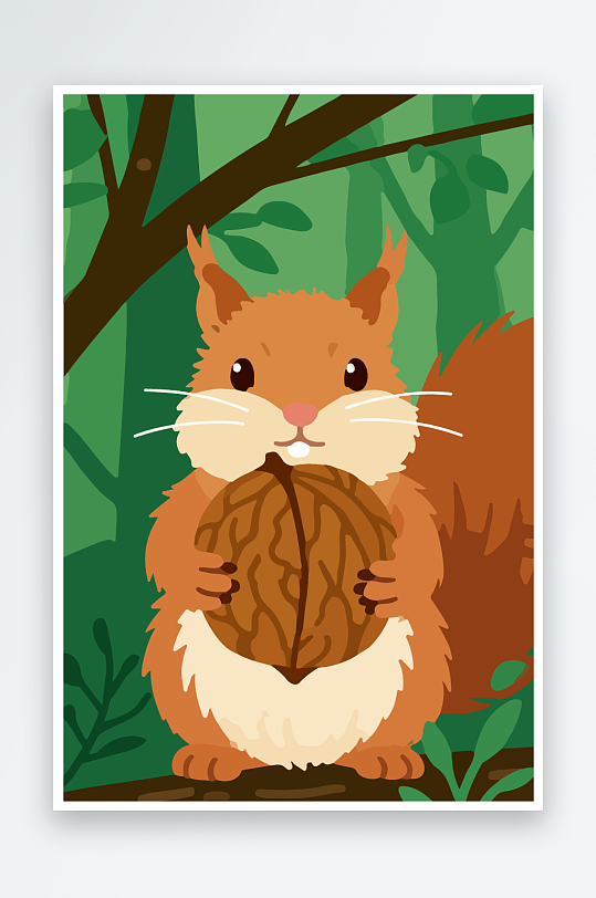 抱着核桃的卡通松鼠-众图网