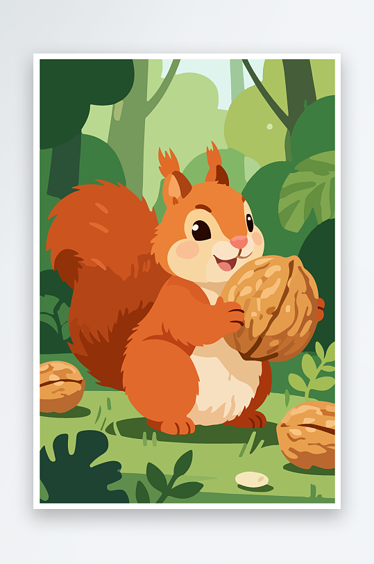 抱着核桃的卡通松鼠-众图网