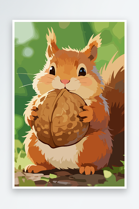 抱着核桃的卡通松鼠-众图网