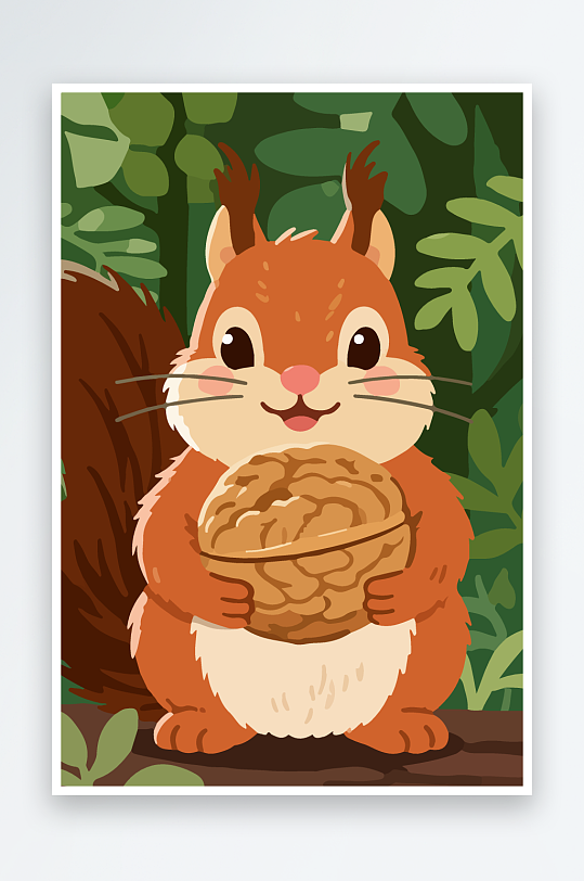 抱着核桃的卡通松鼠-众图网