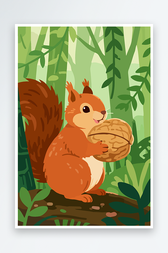 抱着核桃的卡通松鼠-众图网