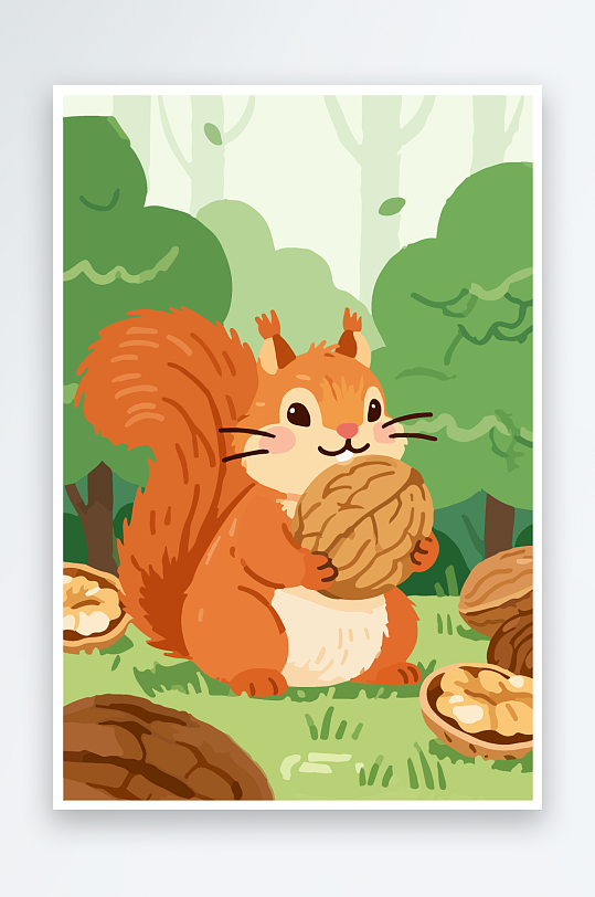 抱着核桃的卡通松鼠-众图网