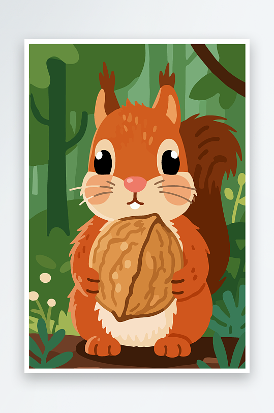 抱着核桃的卡通松鼠-众图网