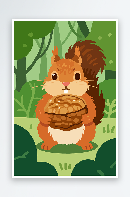 抱着核桃的卡通松鼠-众图网