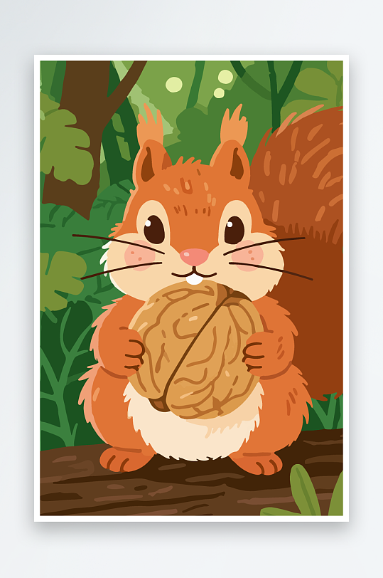 抱着核桃的卡通松鼠-众图网