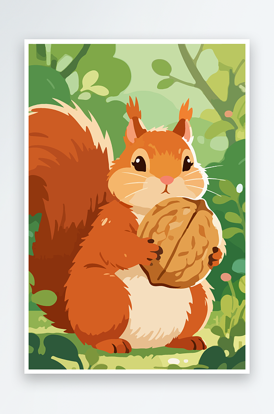 抱着核桃的卡通松鼠-众图网