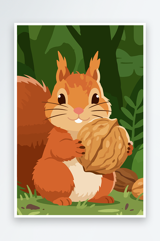 抱着核桃的卡通松鼠-众图网