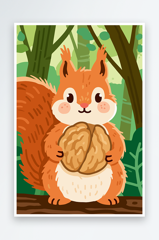 抱着核桃的卡通松鼠-众图网