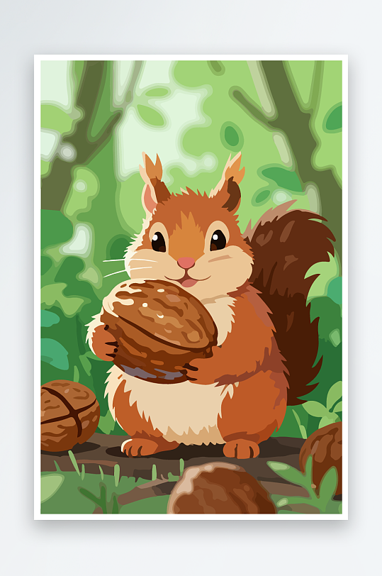 抱着核桃的卡通松鼠-众图网
