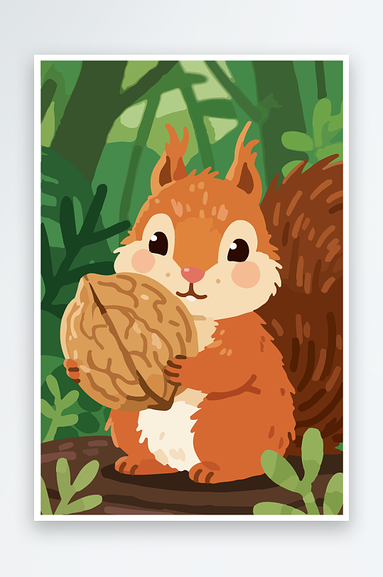 抱着核桃的卡通松鼠-众图网