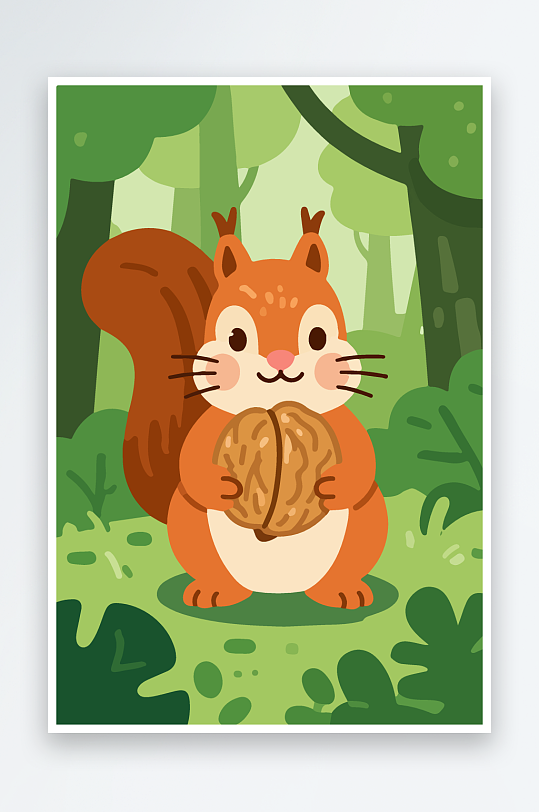 抱着核桃的卡通松鼠-众图网