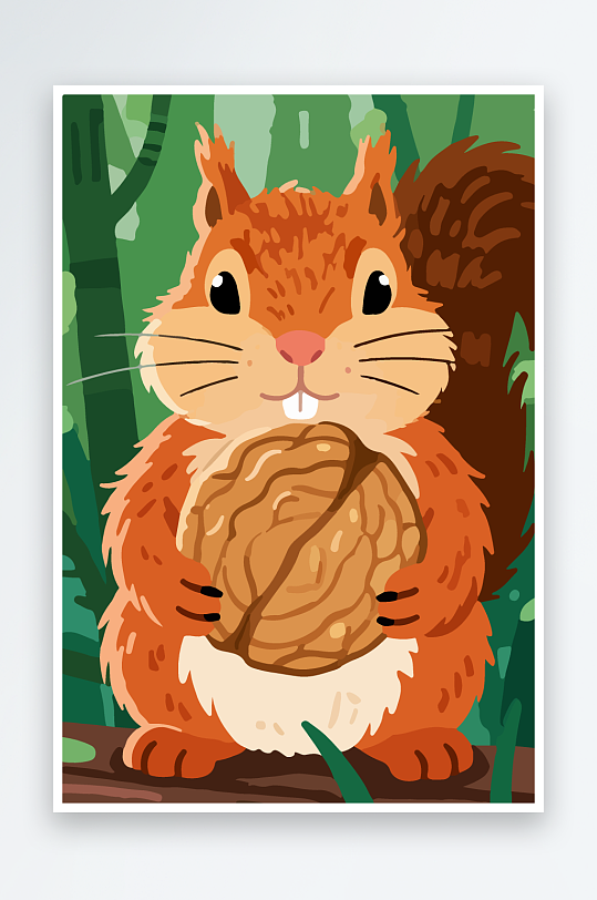 抱着核桃的卡通松鼠-众图网