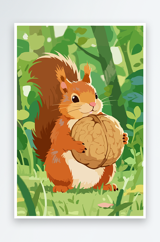 抱着核桃的卡通松鼠-众图网