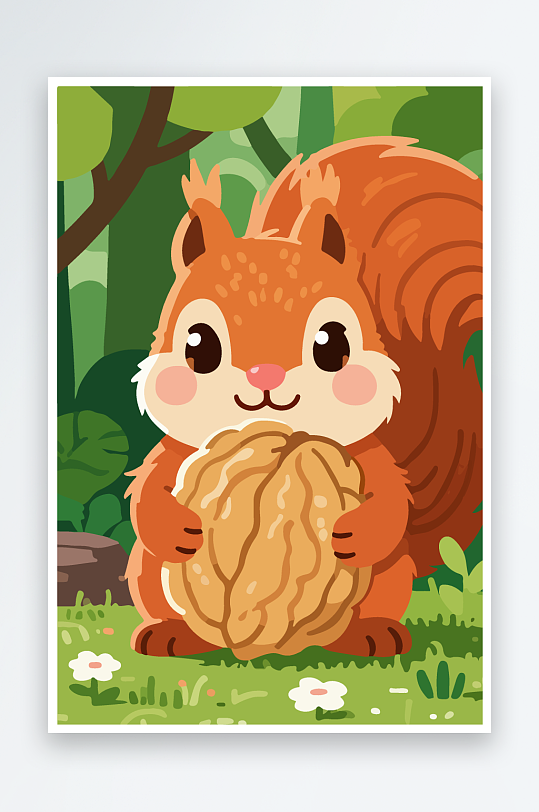 抱着核桃的卡通松鼠-众图网