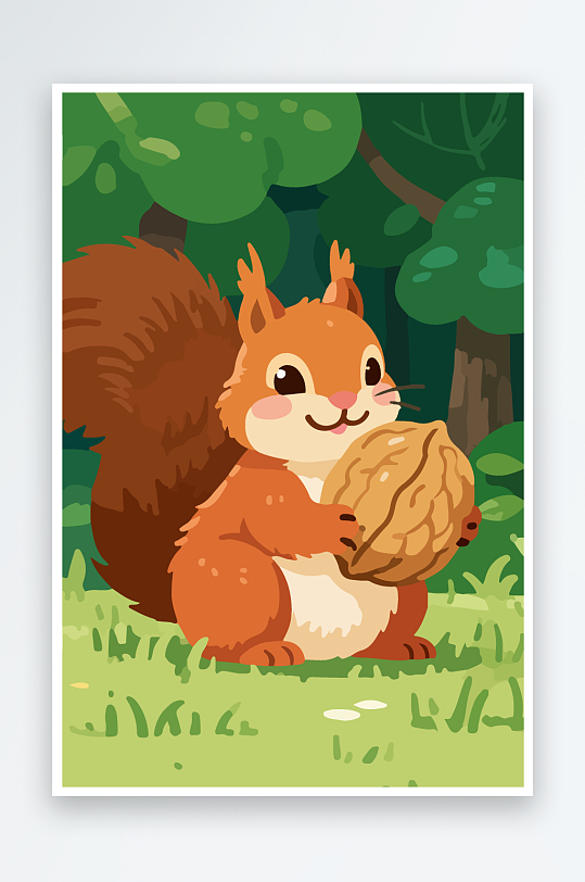 抱着核桃的卡通松鼠-众图网