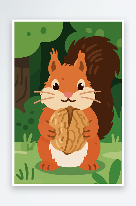 抱着核桃的卡通松鼠-众图网