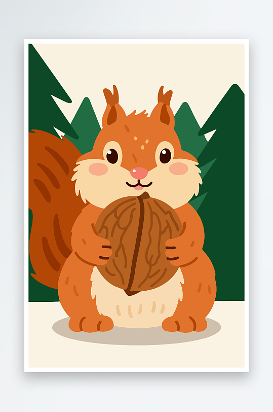 抱着核桃的卡通松鼠-众图网